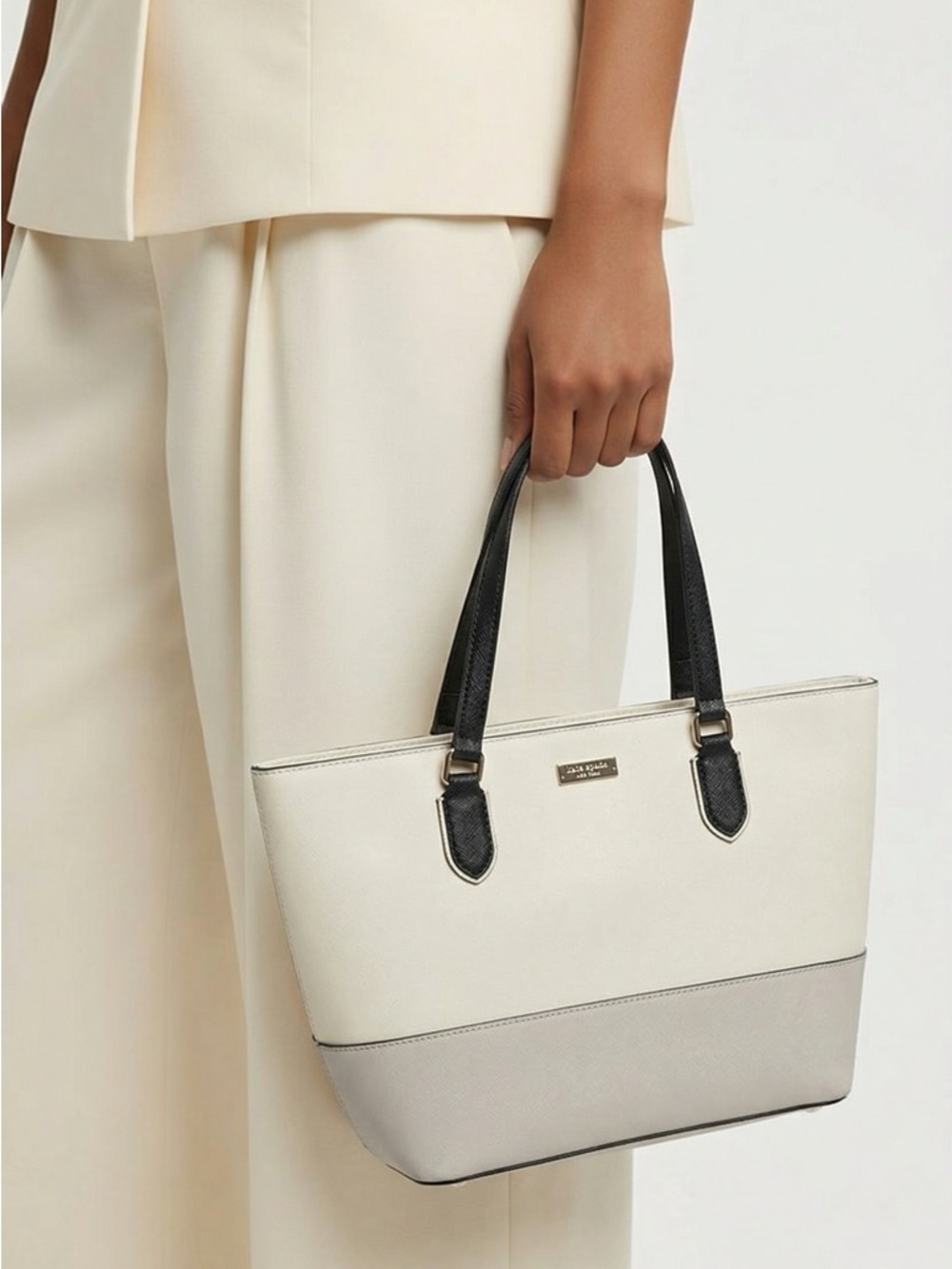 kate spade Two-Tone Cream and Light Gray Tote with Black Handles